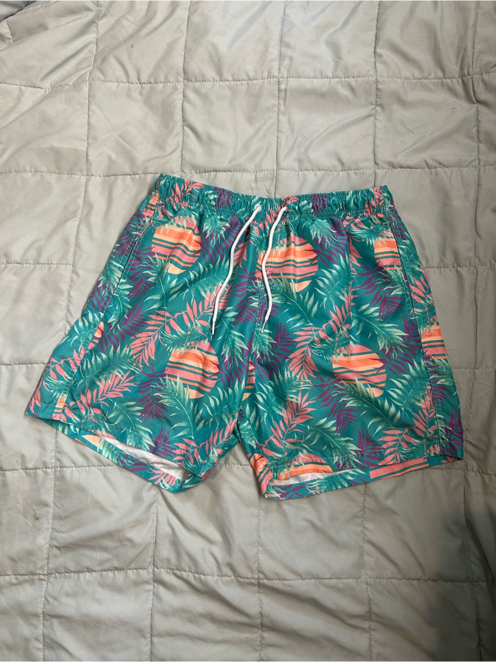 Men's Tropical Leaf Swim Trunks in Teal & Coral
